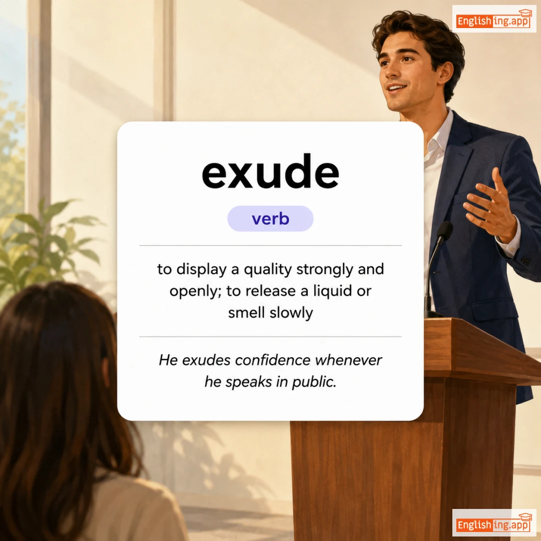 exude definition card — visual illustration of the meaning
