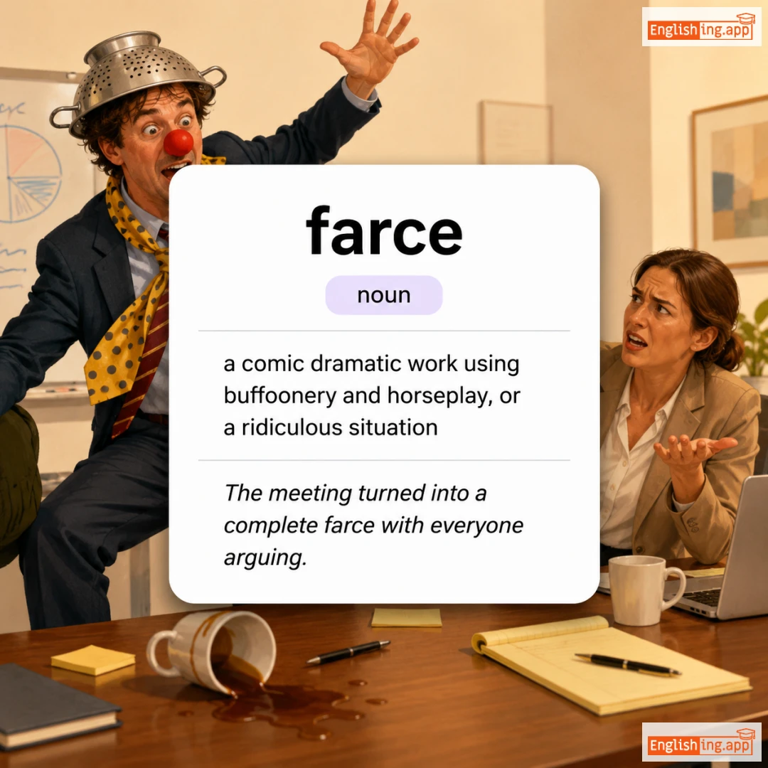 farce definition card — visual illustration of the meaning