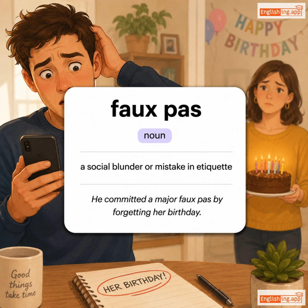 faux pas definition card — visual illustration of the meaning