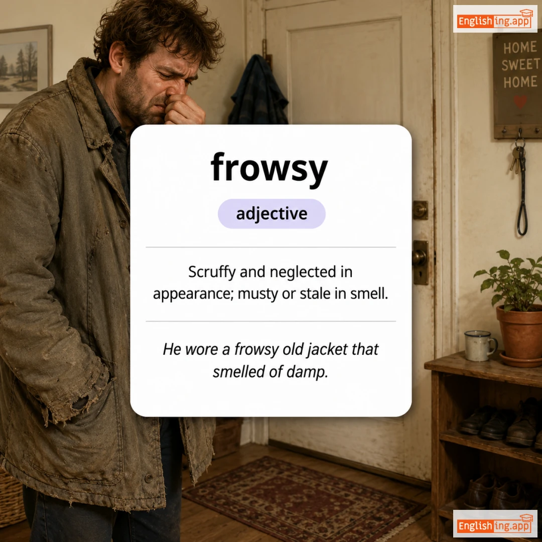 frowsy definition card — visual illustration of the meaning