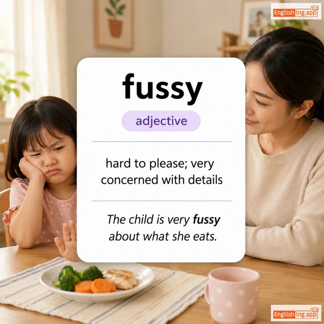 fussy definition card — visual illustration of the meaning
