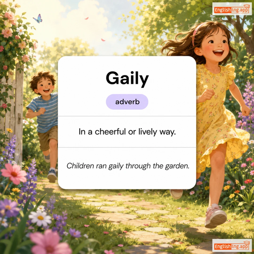Gaily definition card — visual illustration of the meaning