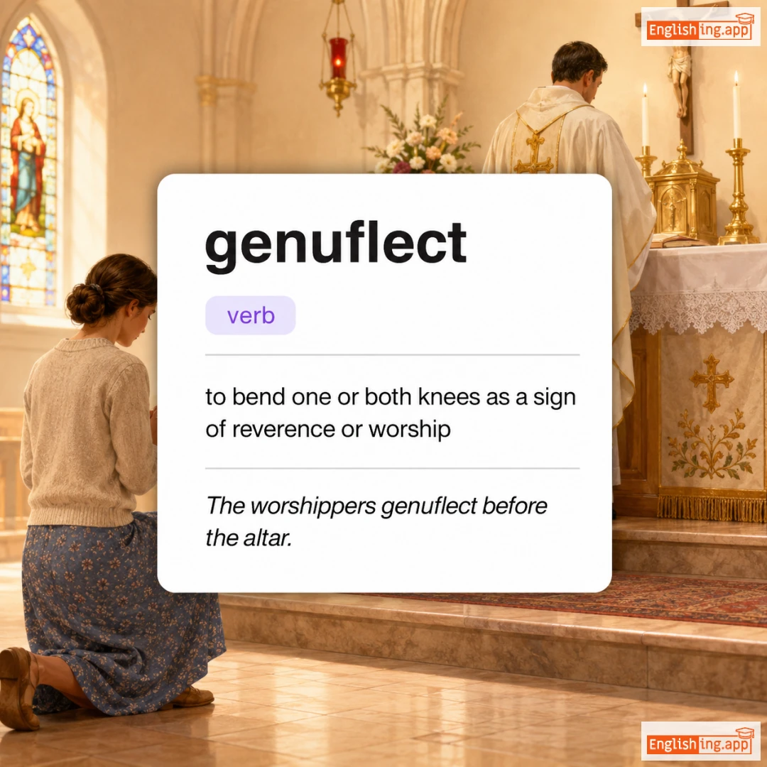 genuflect definition card — visual illustration of the meaning