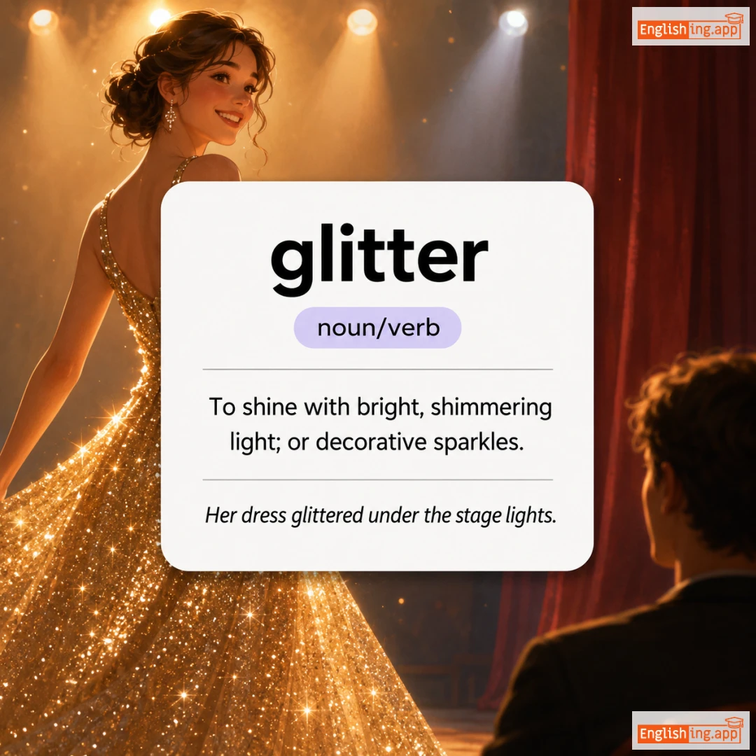 glitter definition card — visual illustration of the meaning