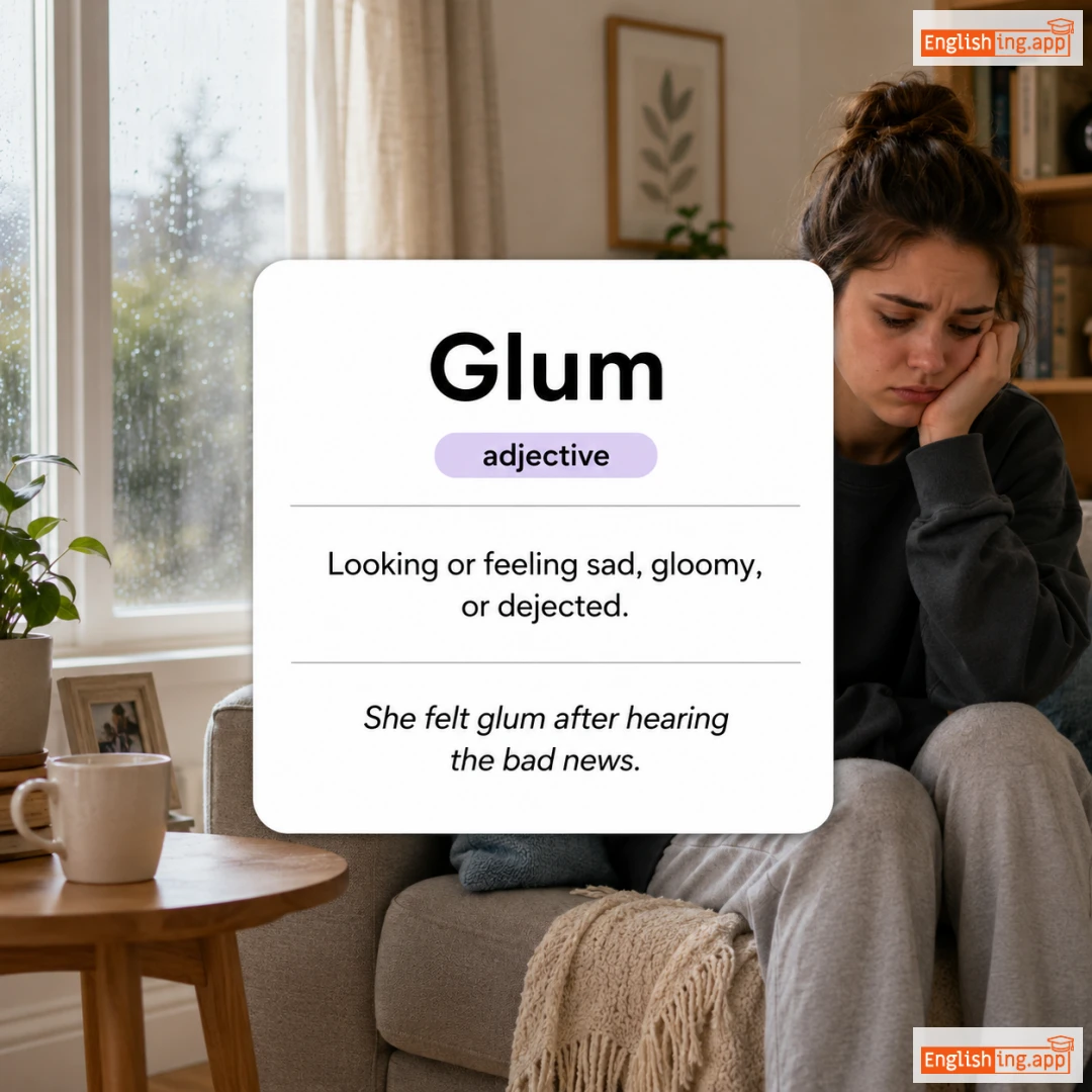 Glum definition card — visual illustration of the meaning