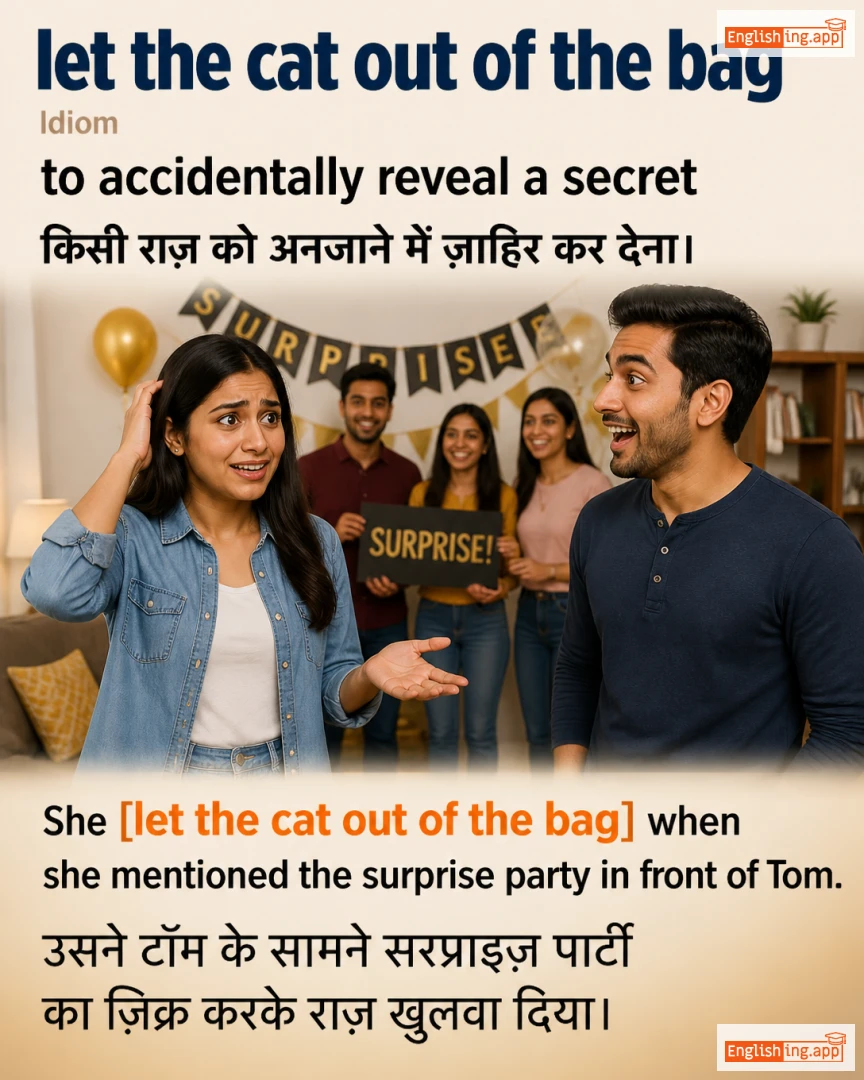 Let The Cat Out Of The Bag: English expression meaning and example
