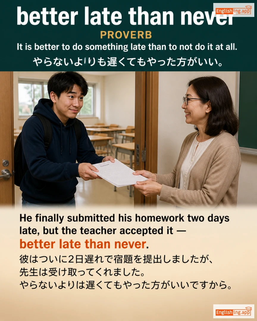 Better Late Than Never: English expression meaning and example