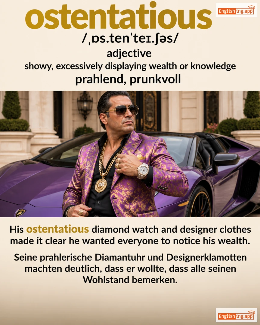 Ostentatious: English vocabulary meaning and example