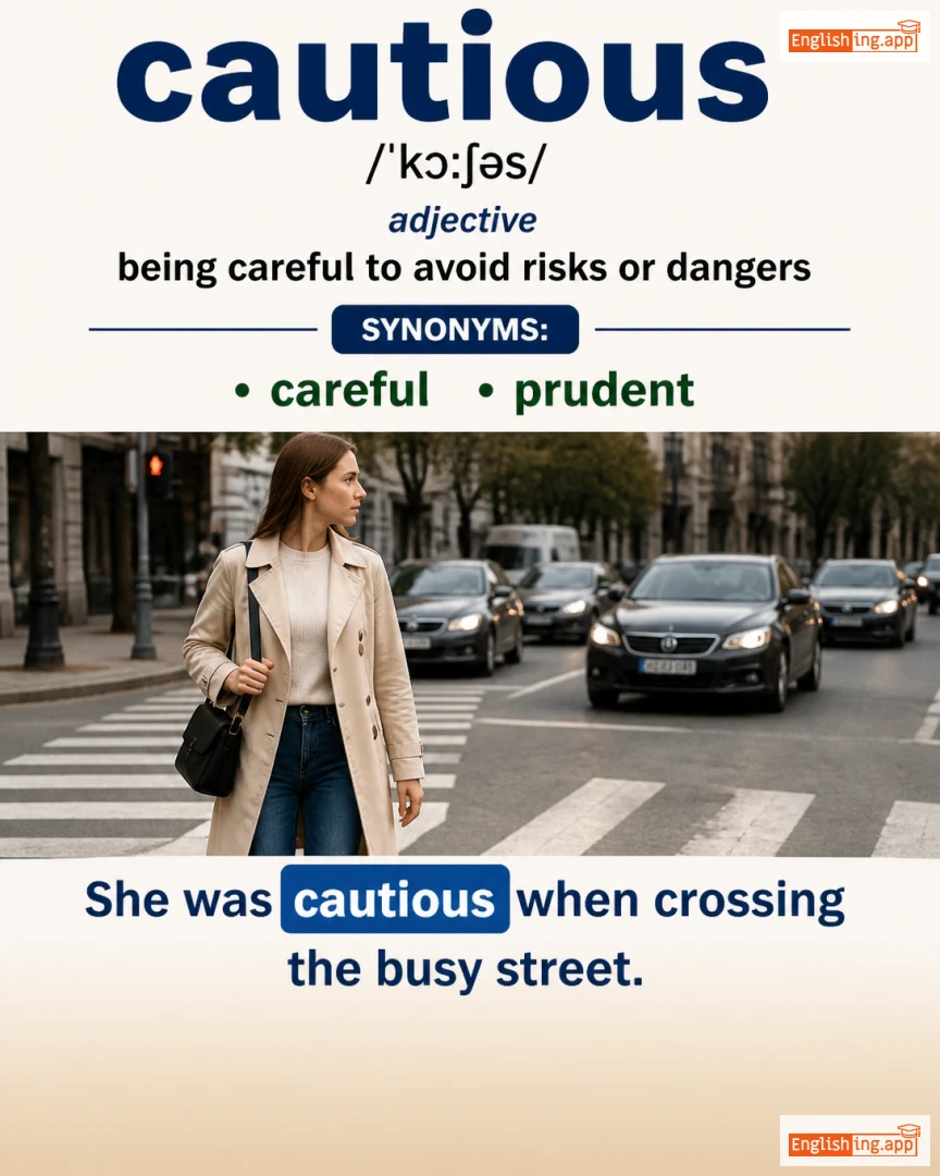 Cautious: English vocabulary meaning and example