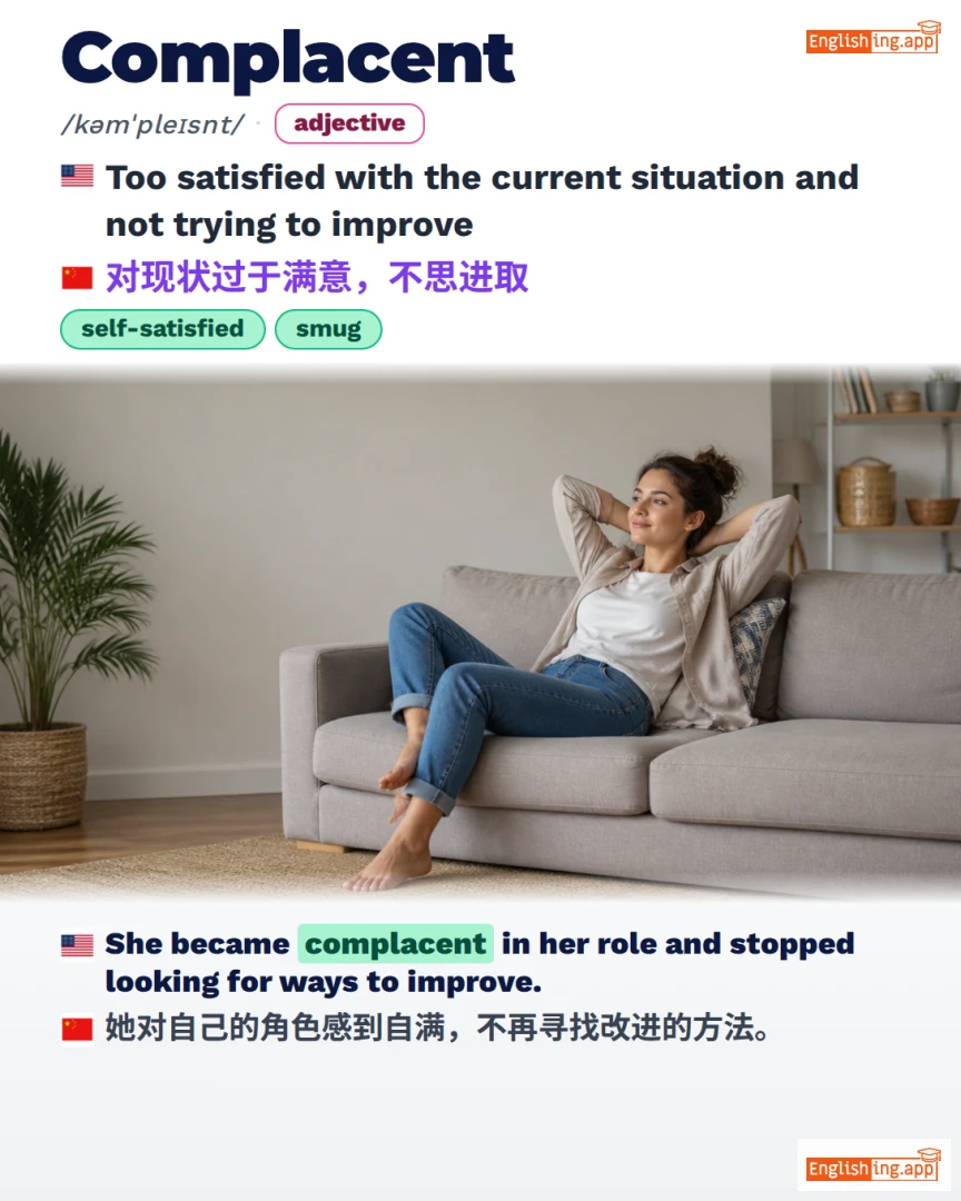Complacent: English vocabulary meaning and example