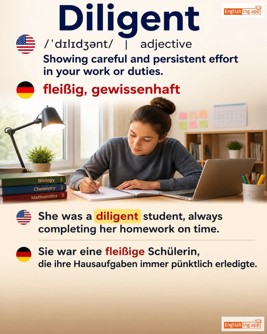 Diligent: English vocabulary meaning and example