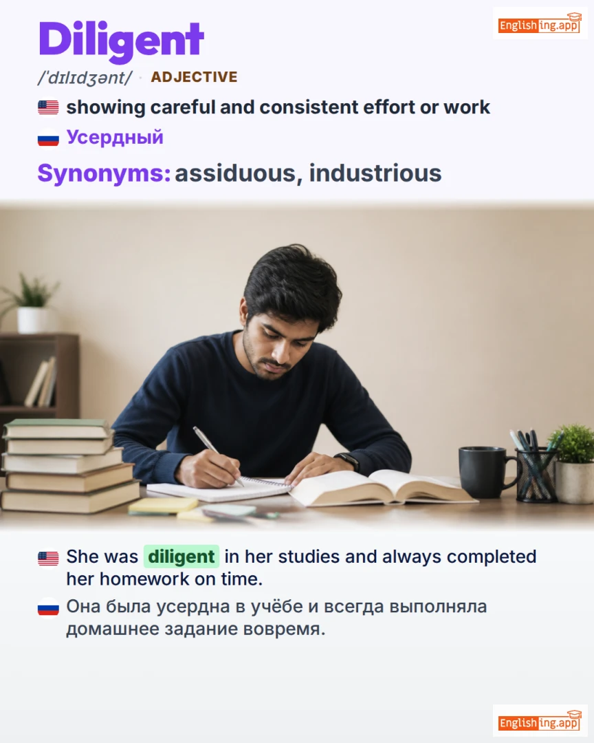 Diligent: English vocabulary meaning and example