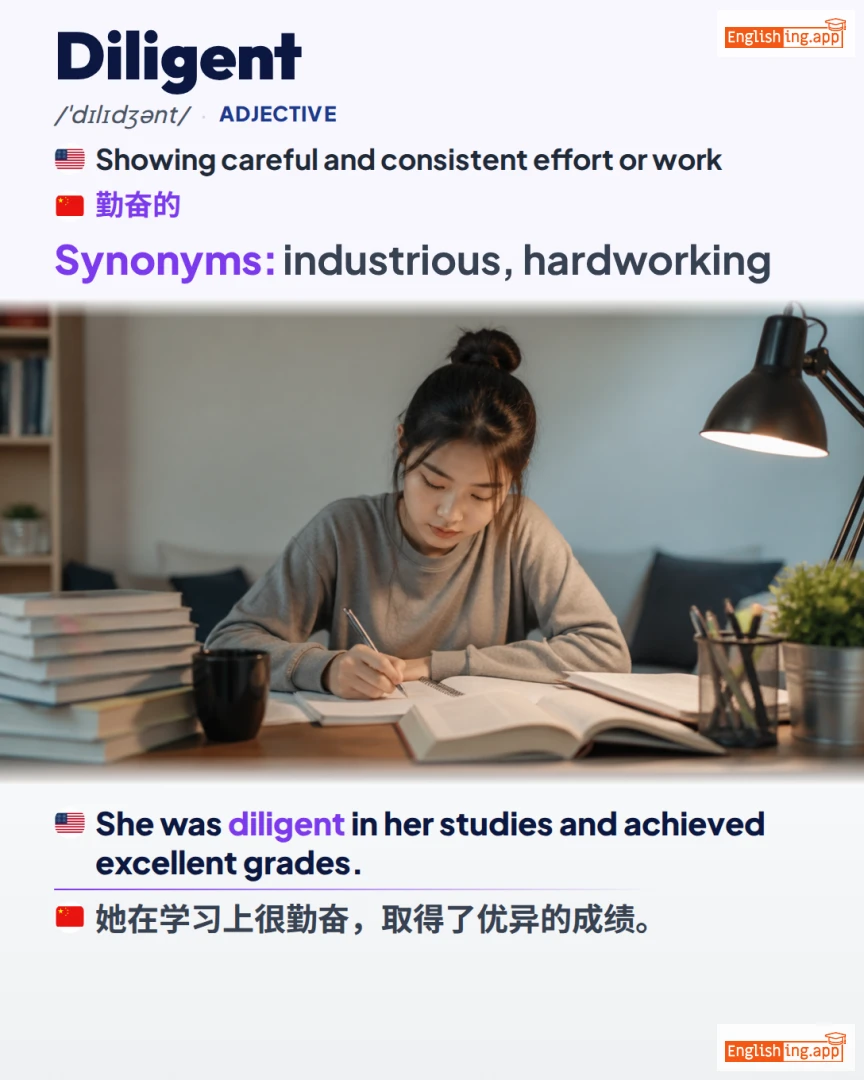 Diligent: English vocabulary meaning and example
