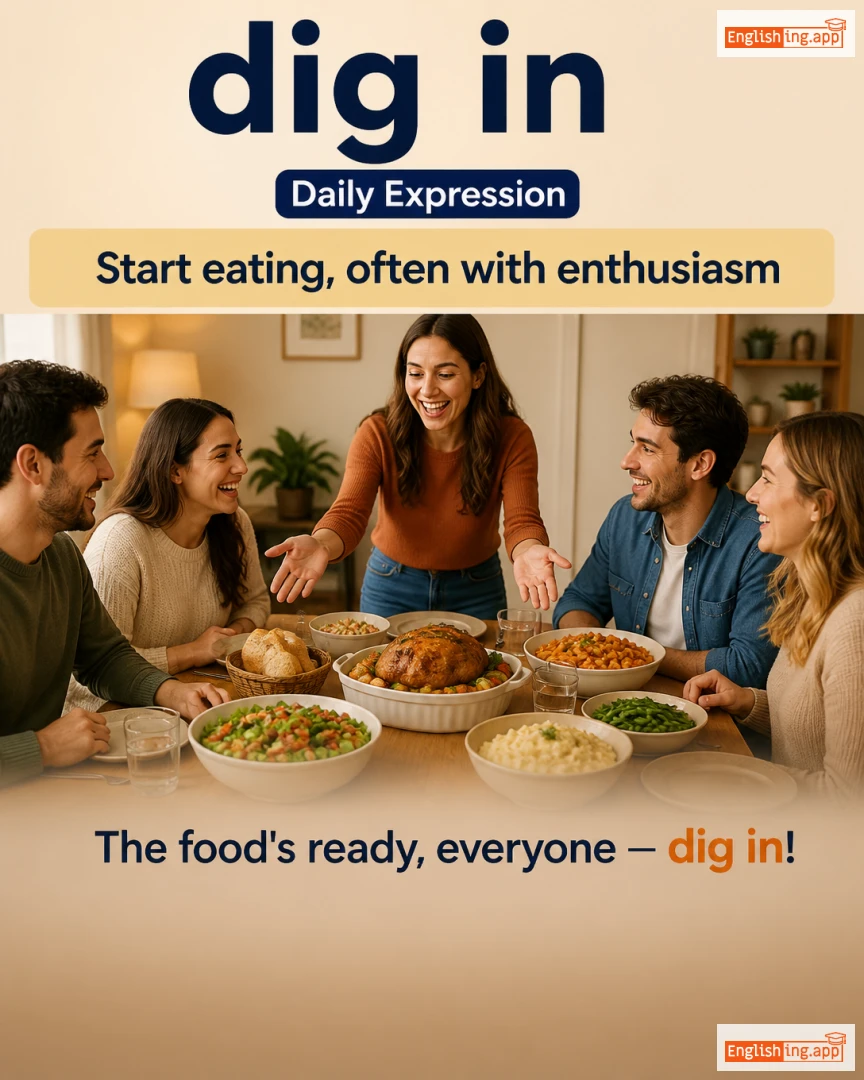 Dig In: English expression meaning and example