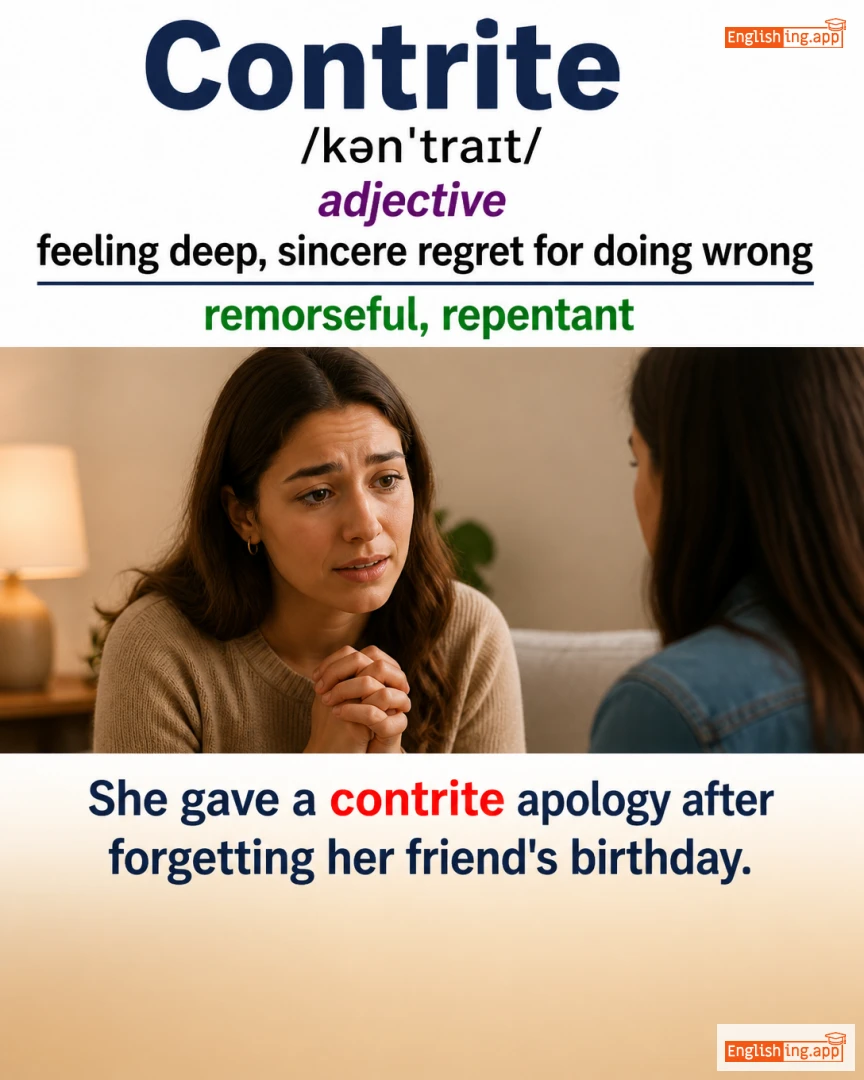 Contrite: English vocabulary meaning and example