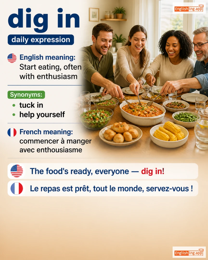 Dig In: English expression meaning and example