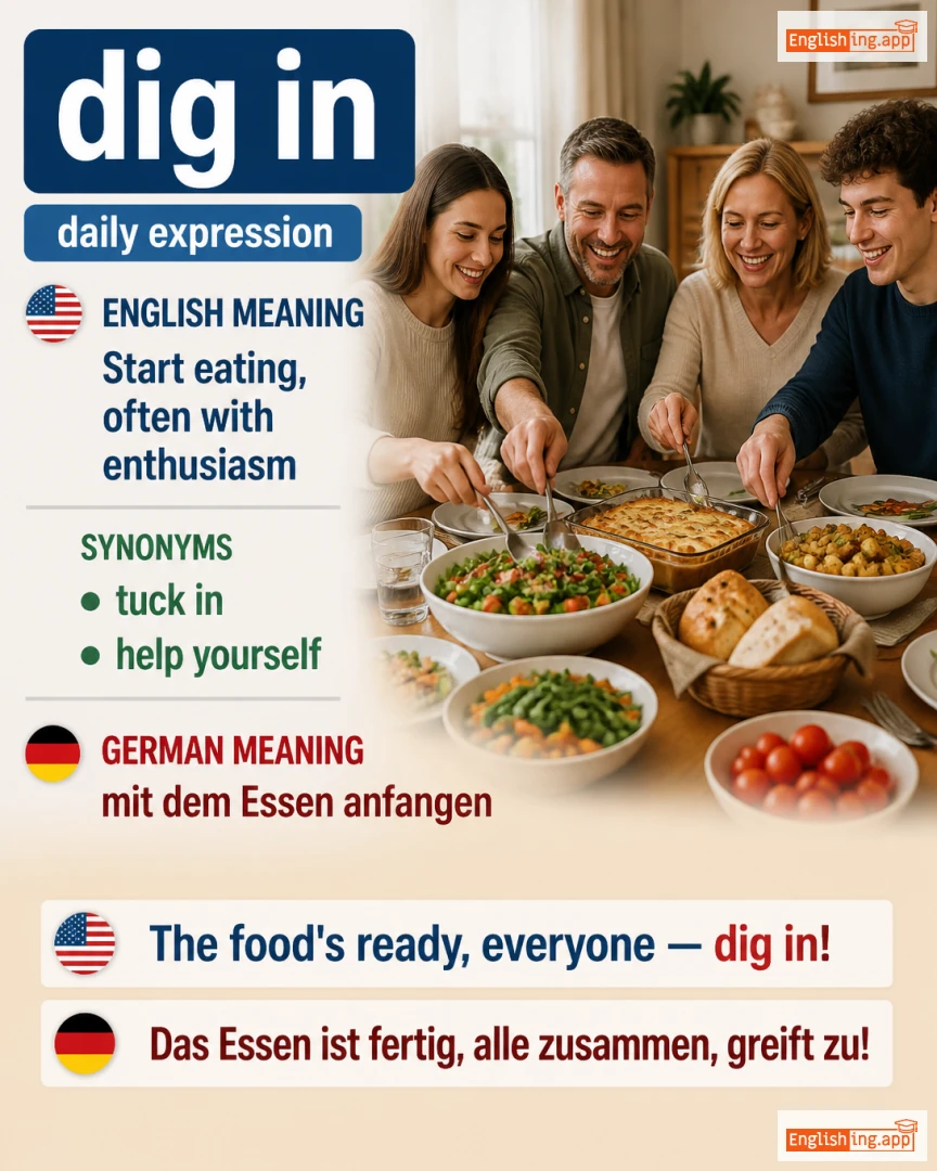 Dig In: English expression meaning and example