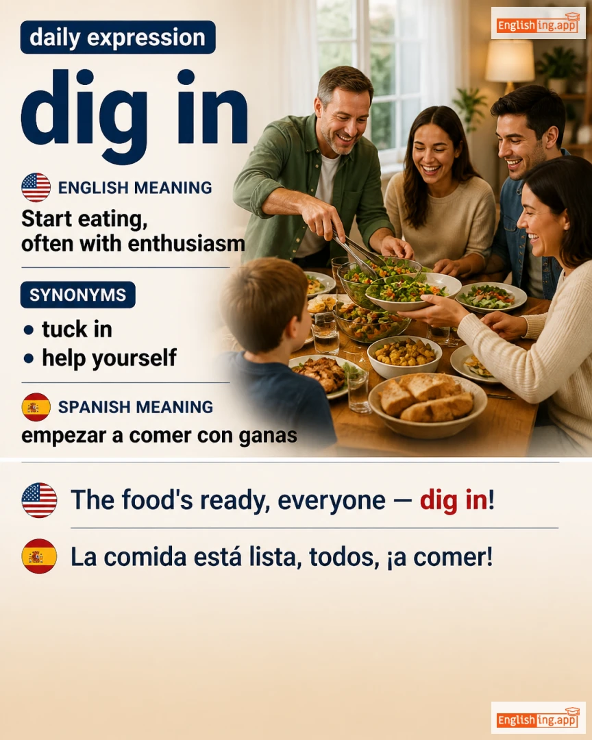 Dig In: English expression meaning and example