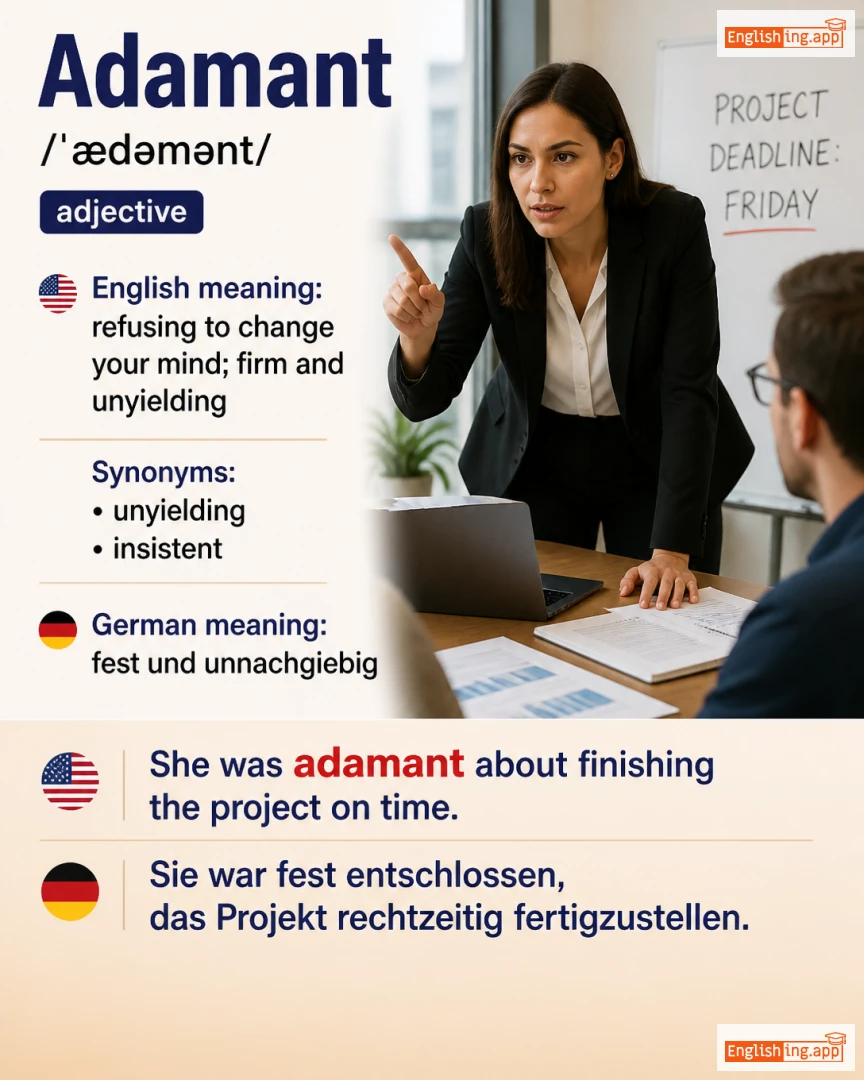 Adamant: English vocabulary meaning and example