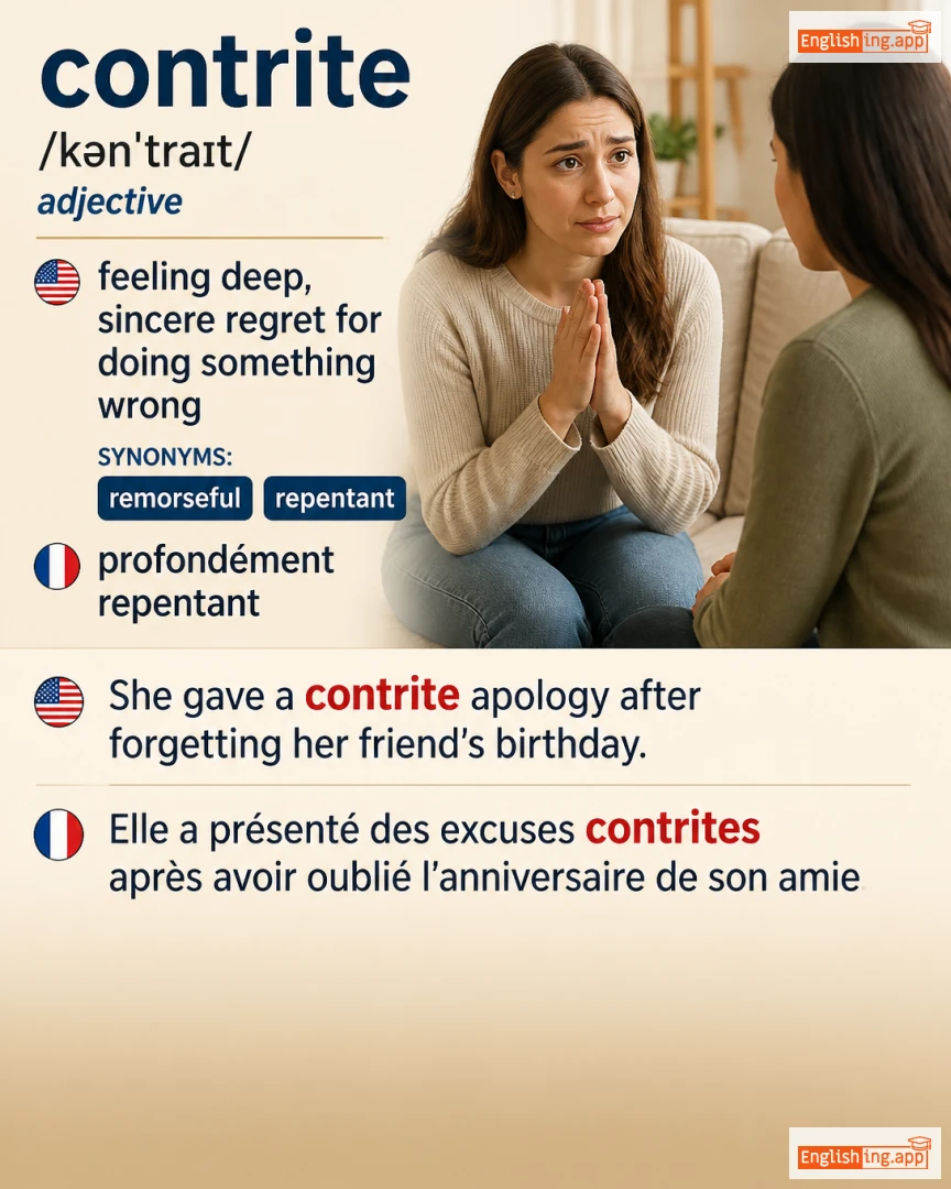 Contrite: English vocabulary meaning and example