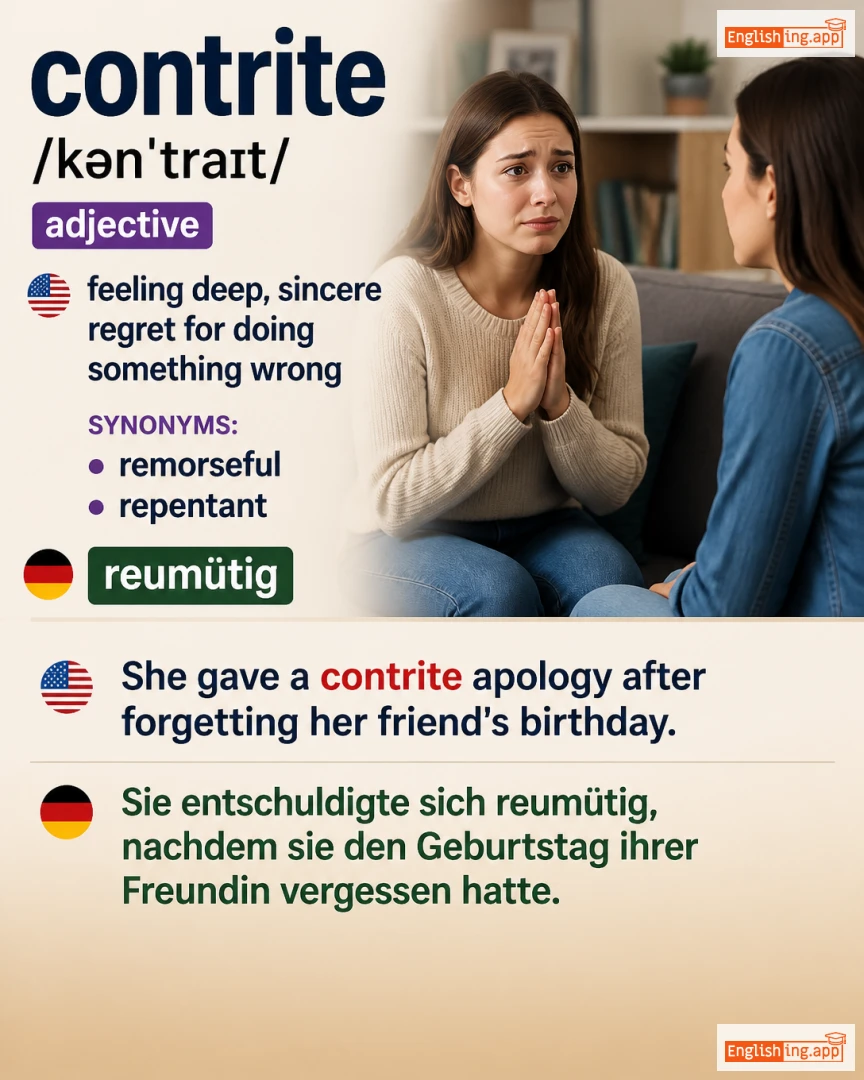 Contrite: English vocabulary meaning and example