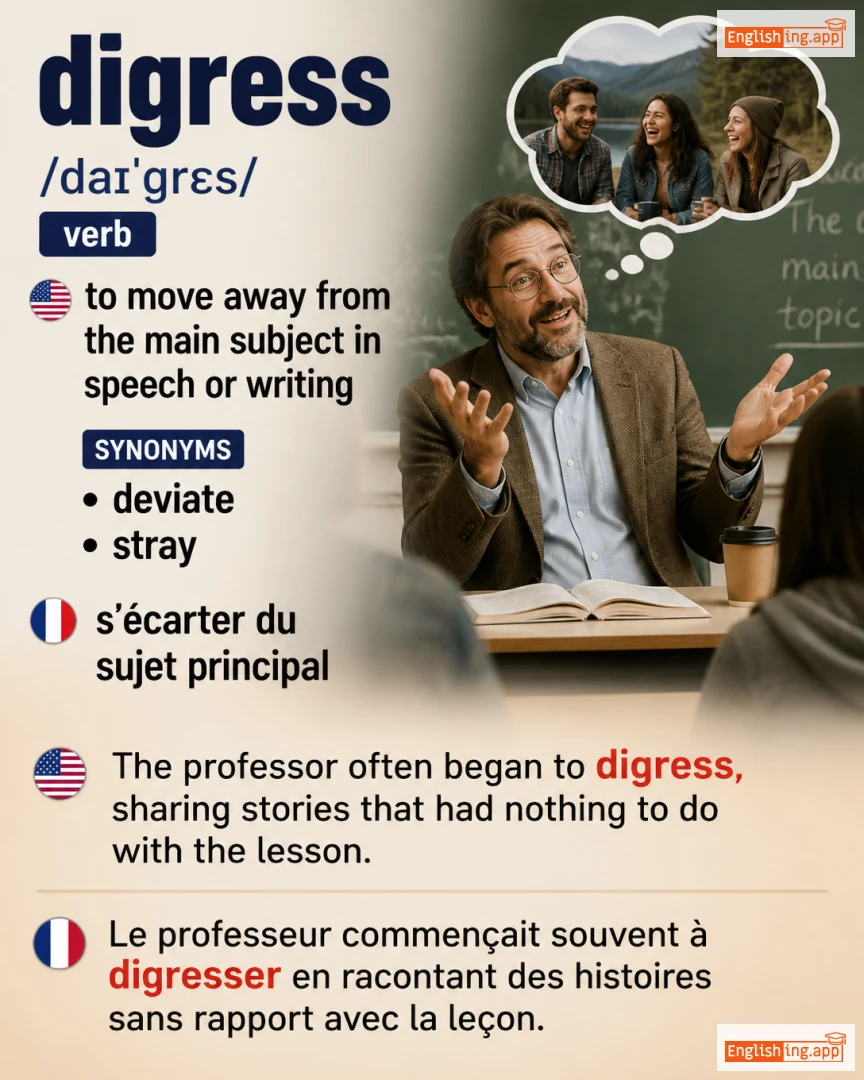 Digress: English vocabulary meaning and example