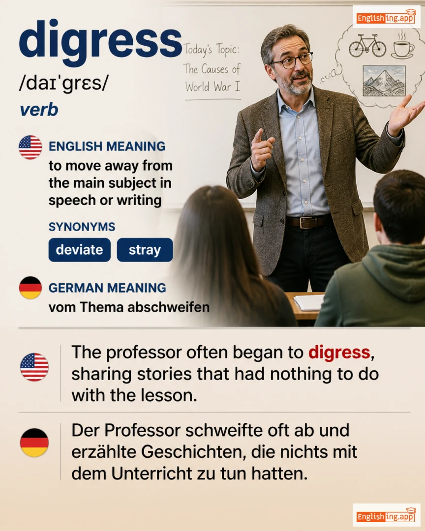 Digress: English vocabulary meaning and example