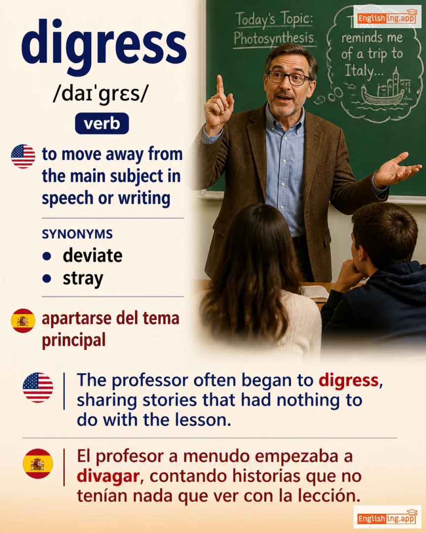 Digress: English vocabulary meaning and example
