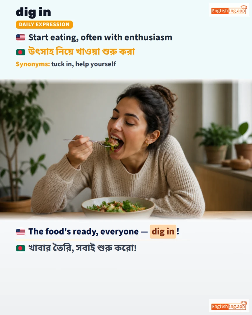 Dig In: English expression meaning and example