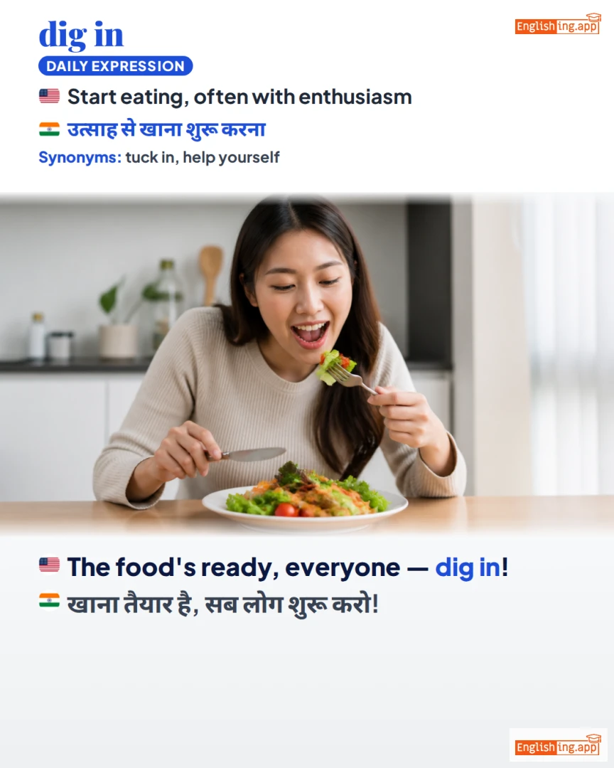 Dig In: English expression meaning and example