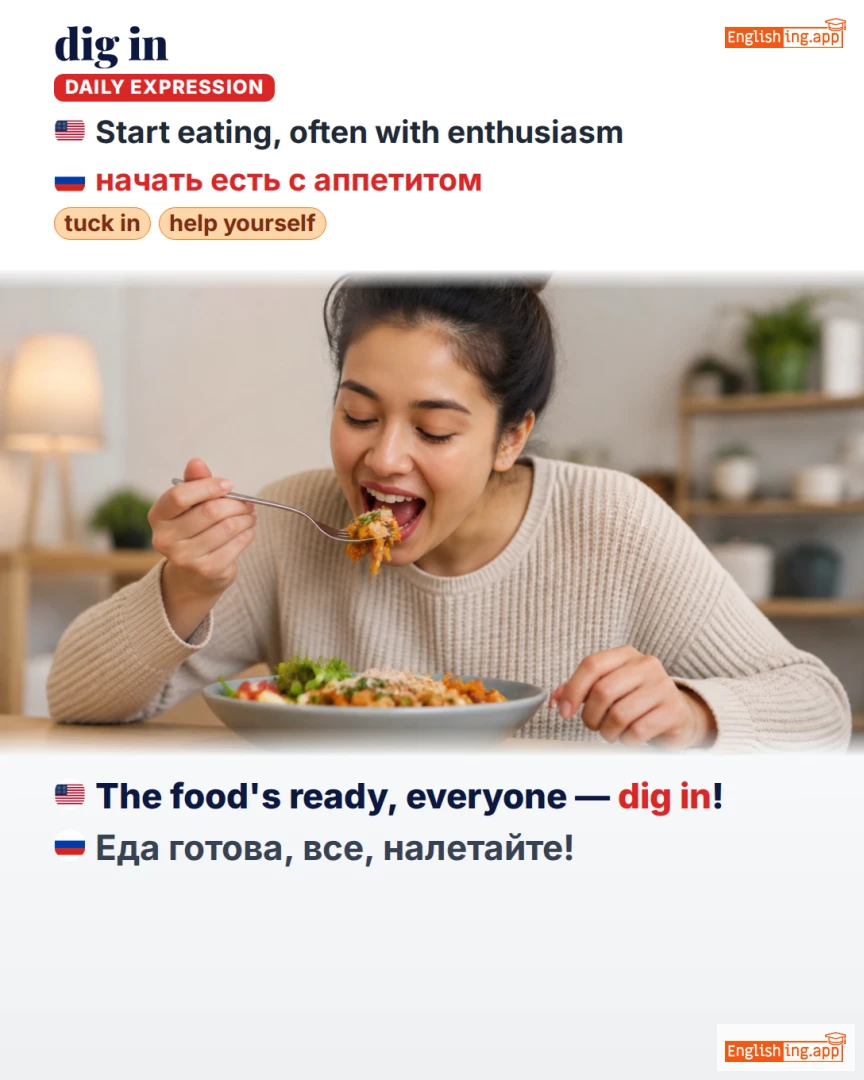 Dig In: English expression meaning and example