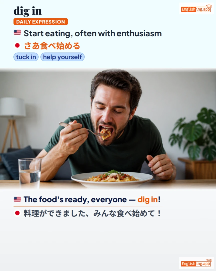 Dig In: English expression meaning and example