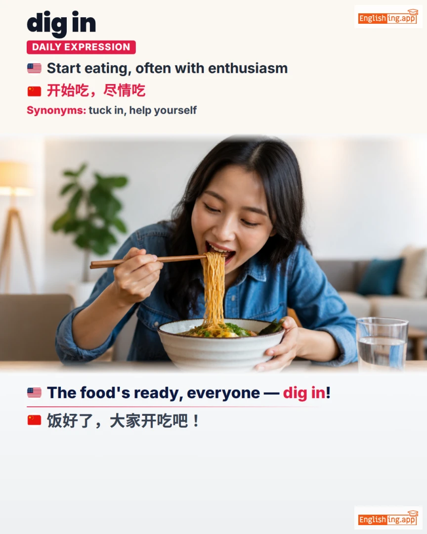 Dig In: English expression meaning and example