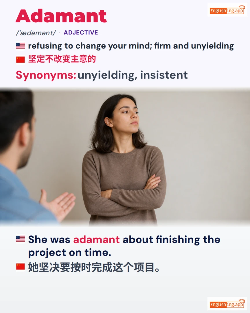 Adamant: English vocabulary meaning and example