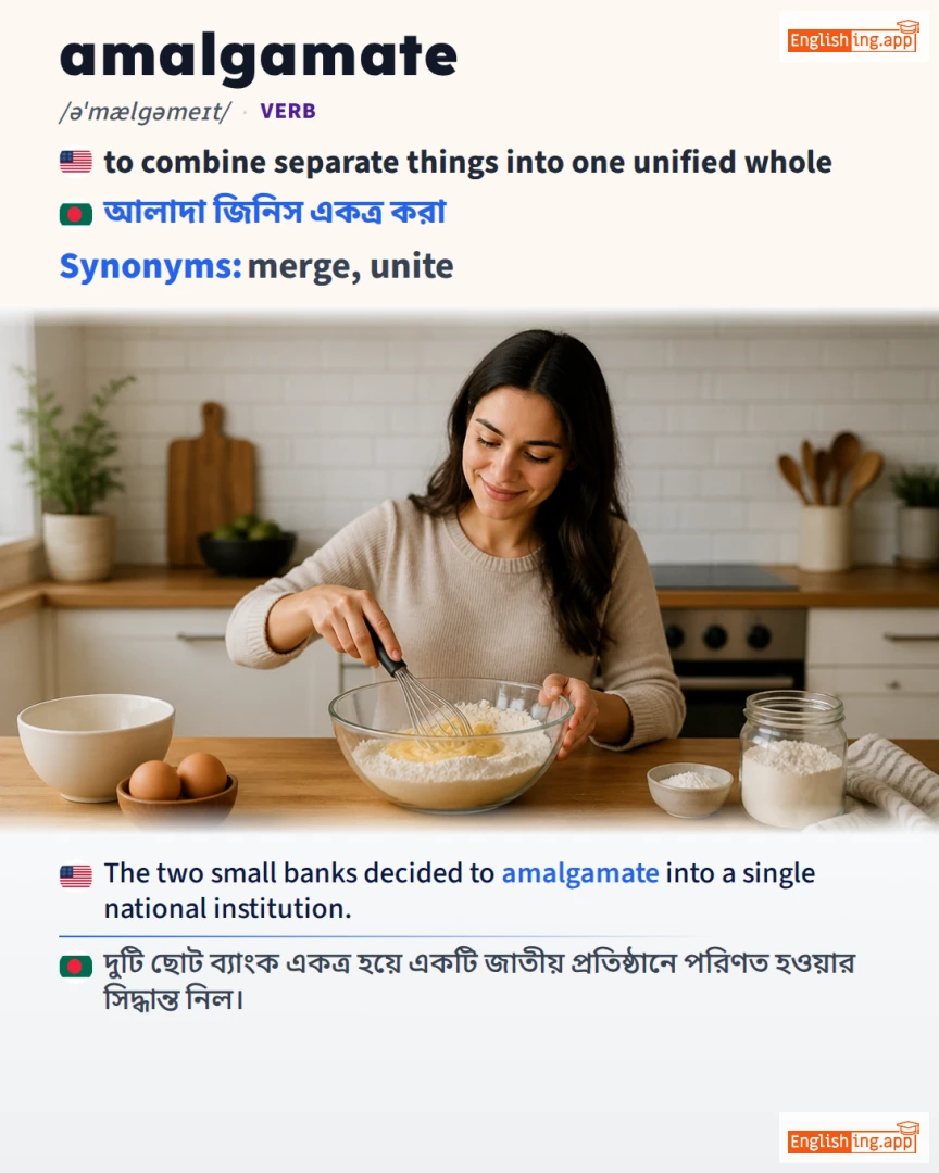 Amalgamate: English vocabulary meaning and example
