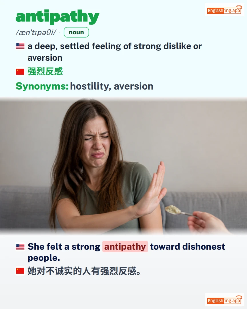 Antipathy: English vocabulary meaning and example