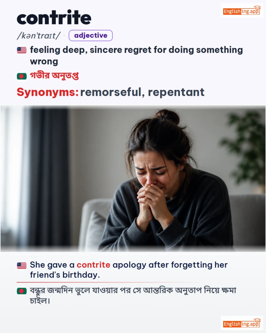 Contrite: English vocabulary meaning and example
