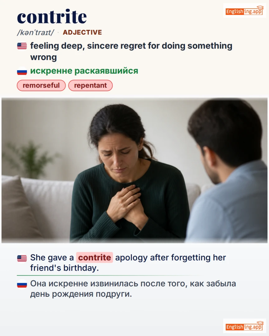 Contrite: English vocabulary meaning and example