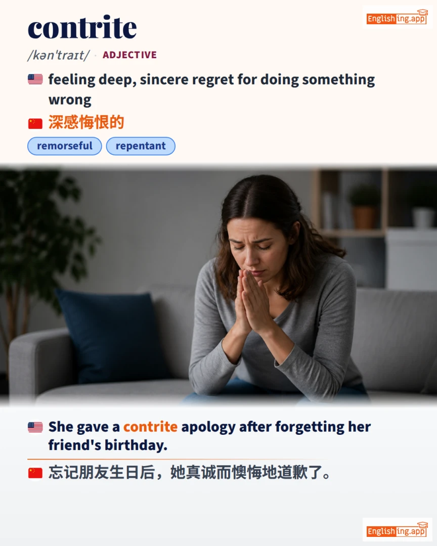 Contrite: English vocabulary meaning and example