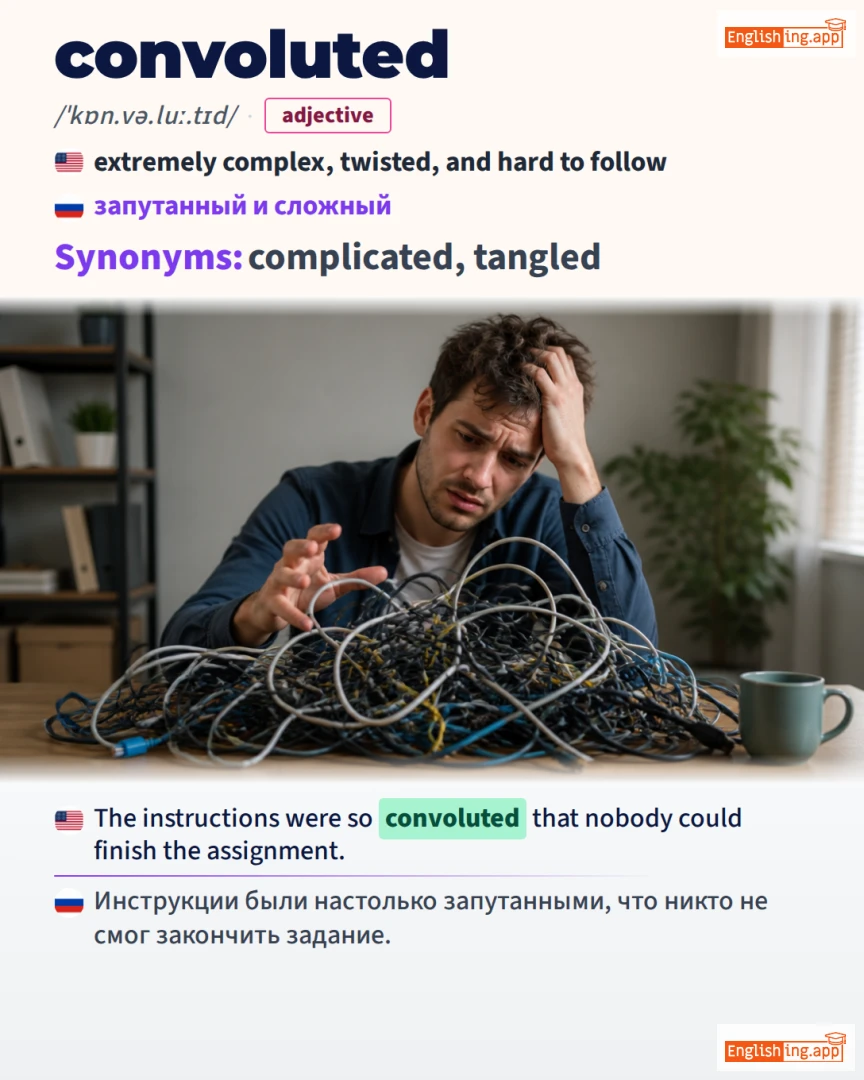Convoluted: English vocabulary meaning and example