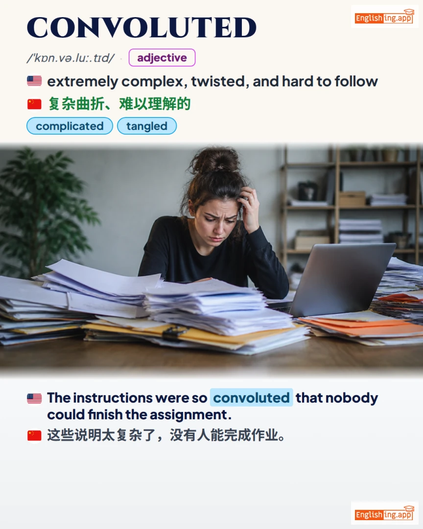 Convoluted: English vocabulary meaning and example