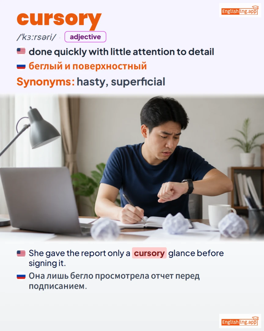 Cursory: English vocabulary meaning and example