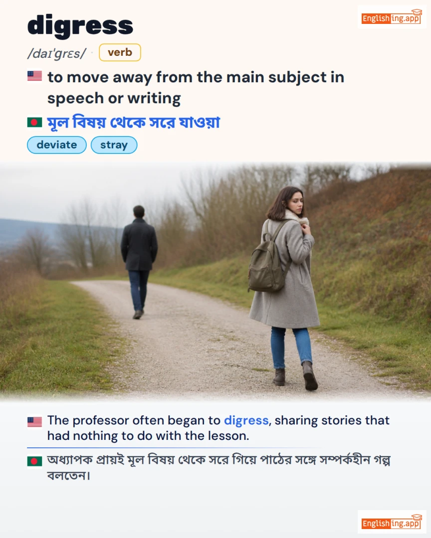 Digress: English vocabulary meaning and example